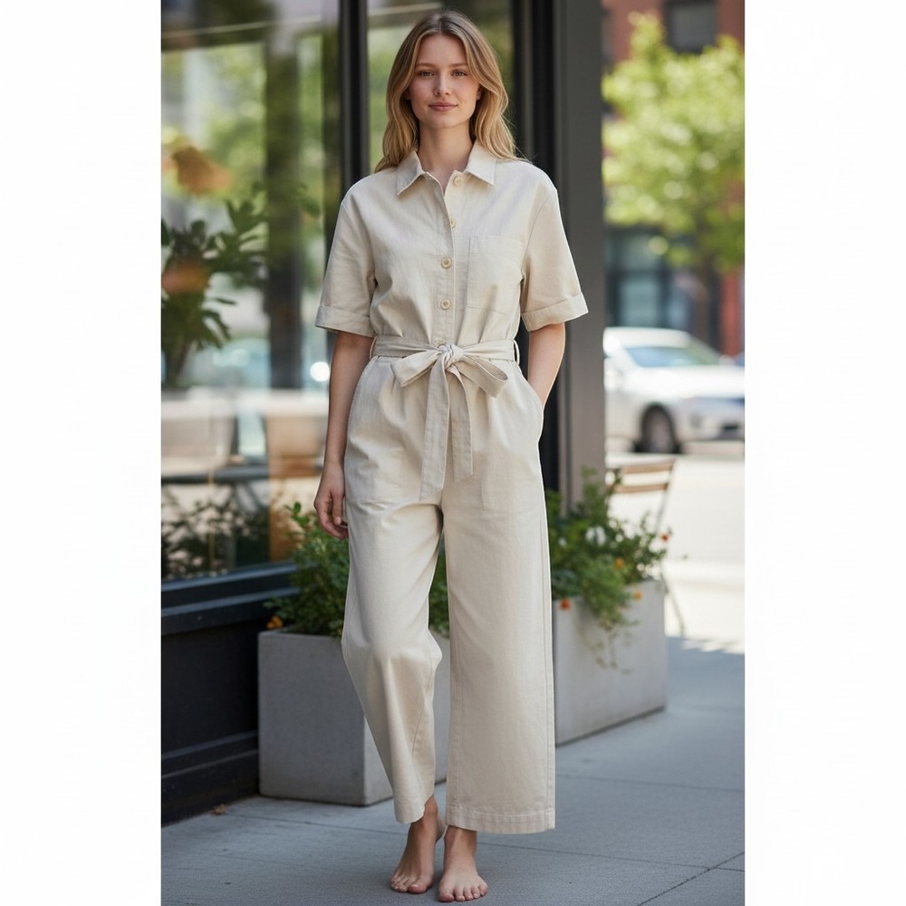 COS Bone Color Linen Short Sleeve Button Front Belted Utility Jumpsuit Size 10